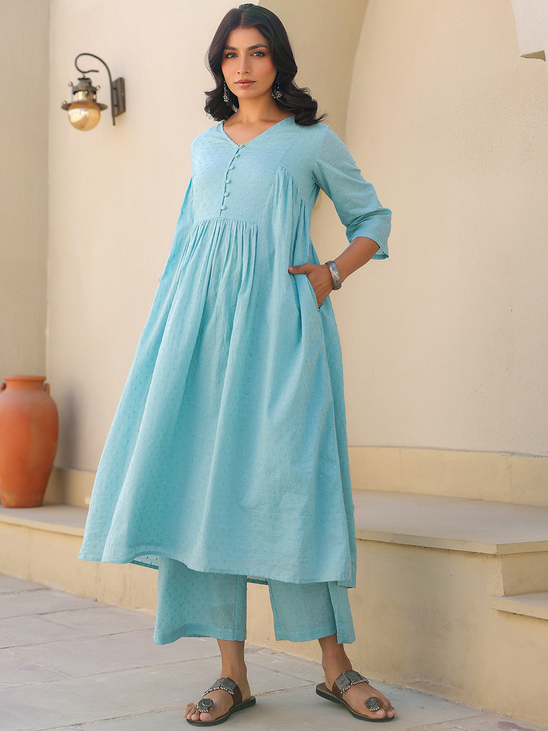 Janasya Light Dobby Cotton Self Design A-Line Top & Bottom Set | Swadesiicart