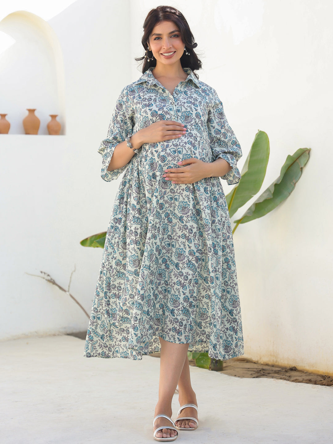 Janasya Dark Cotton Floral A-Line Dress | Swadesiicart