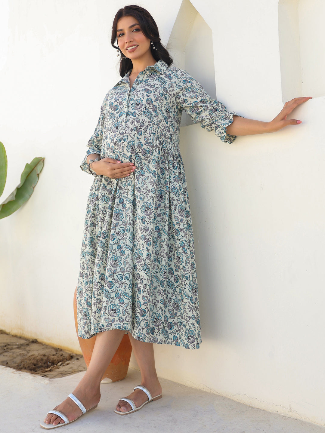 Janasya Dark Cotton Floral A-Line Dress | Swadesiicart