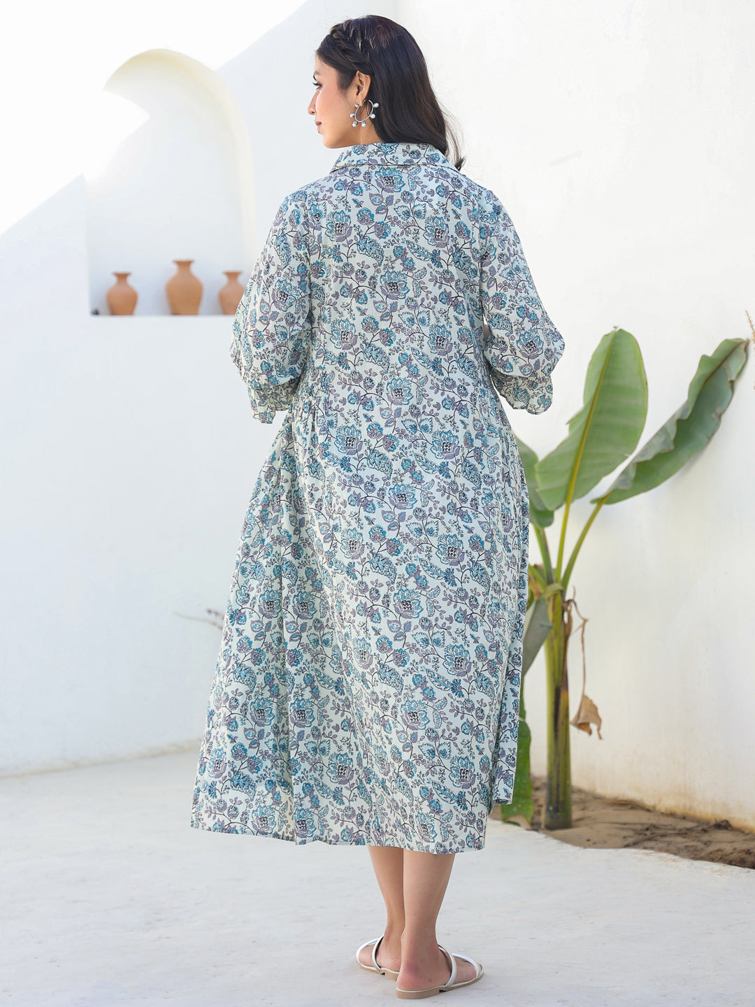 Janasya Dark Cotton Floral A-Line Dress | Swadesiicart