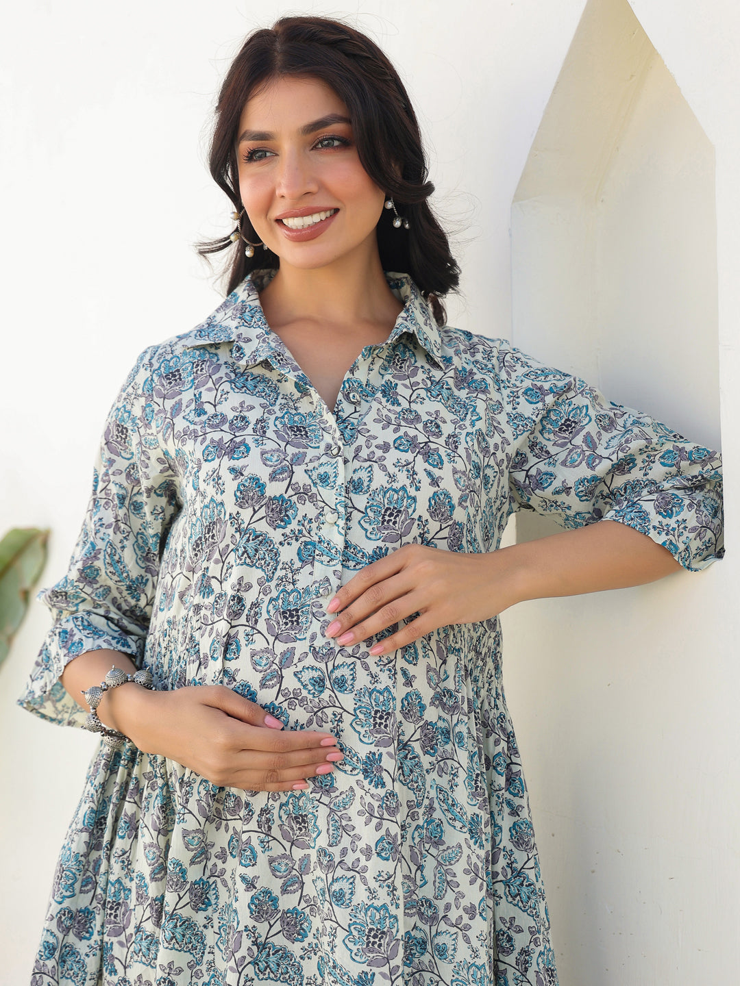 Janasya Dark Cotton Floral A-Line Dress | Swadesiicart