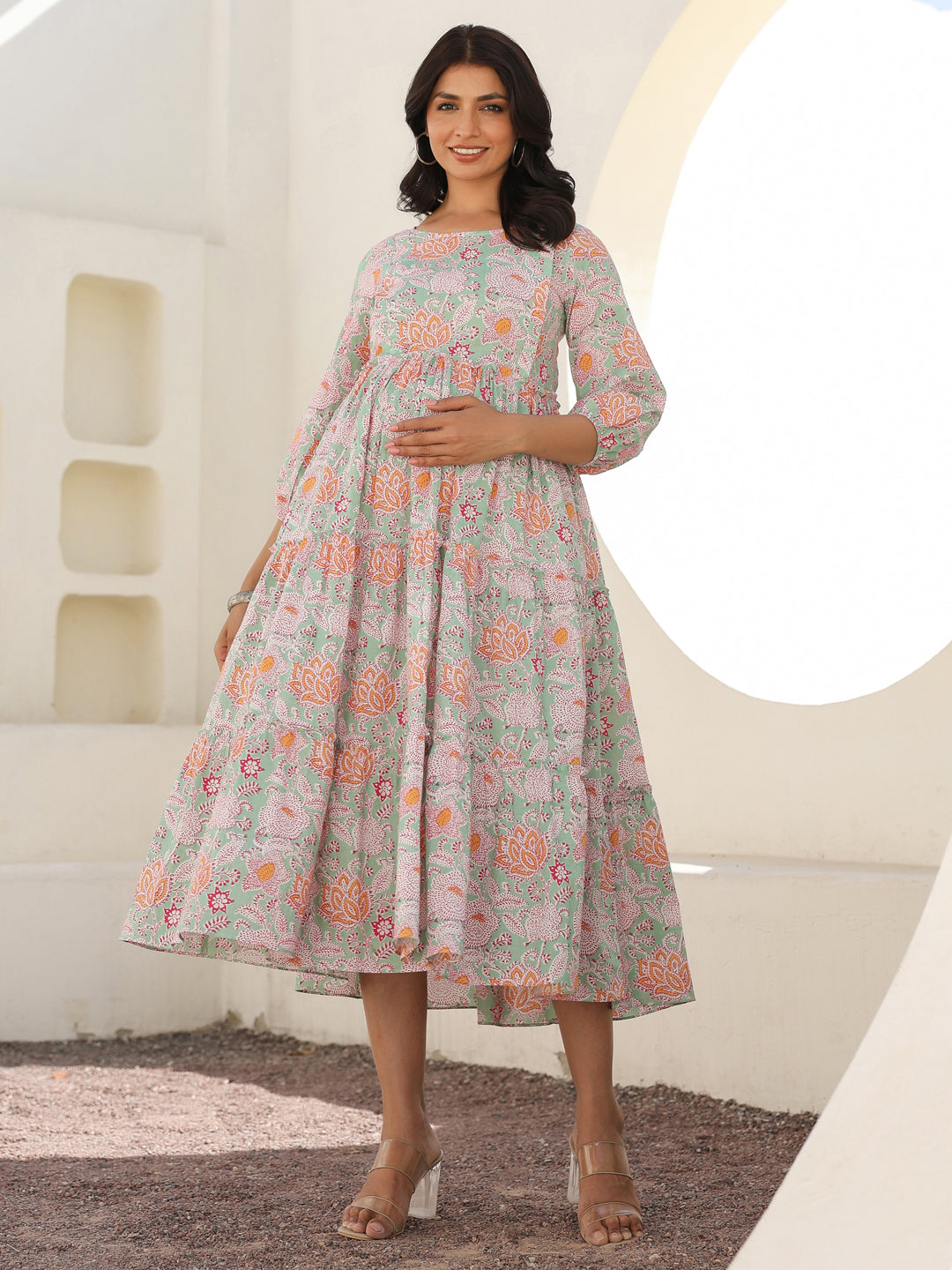 Janasya Light Cotton Floral A-Line Dress | Swadesiicart