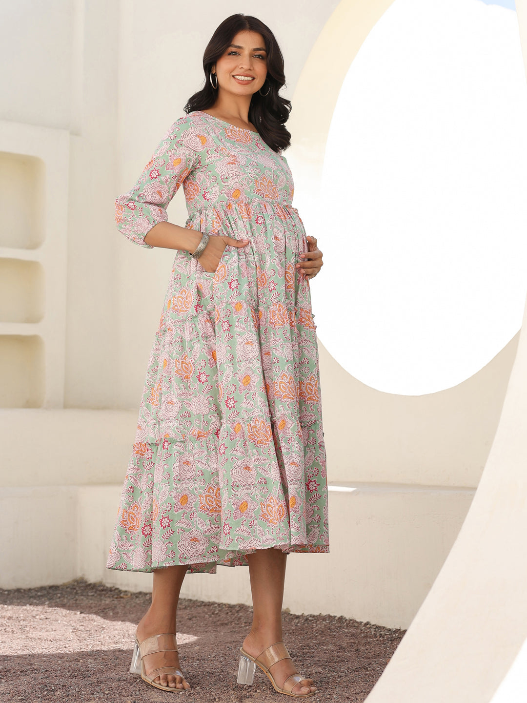 Janasya Light Cotton Floral A-Line Dress | Swadesiicart