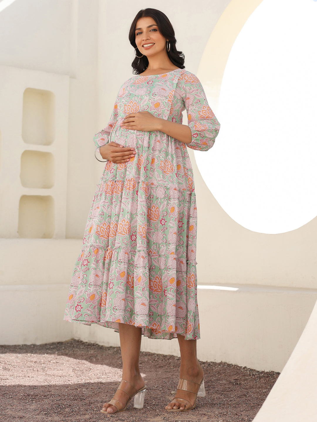 Janasya Light Cotton Floral A-Line Dress | Swadesiicart