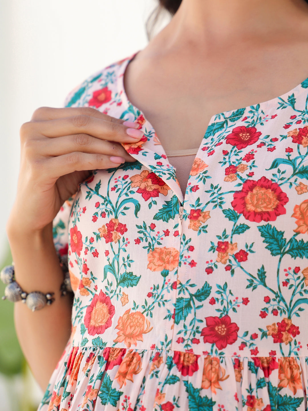 Janasya Bright Cotton Floral Fit & Flare Dress | Swadesiicart