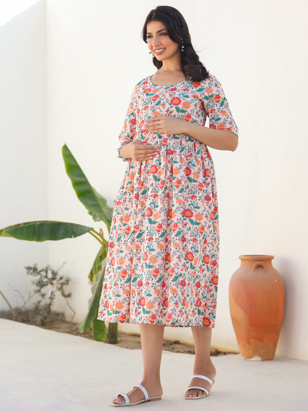 Janasya Bright Cotton Floral Fit & Flare Dress | Swadesiicart