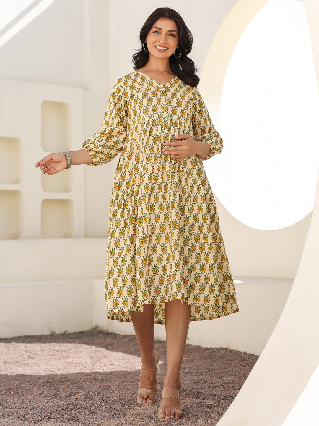 Janasya Light Cotton Floral A-Line Dress | Swadesiicart