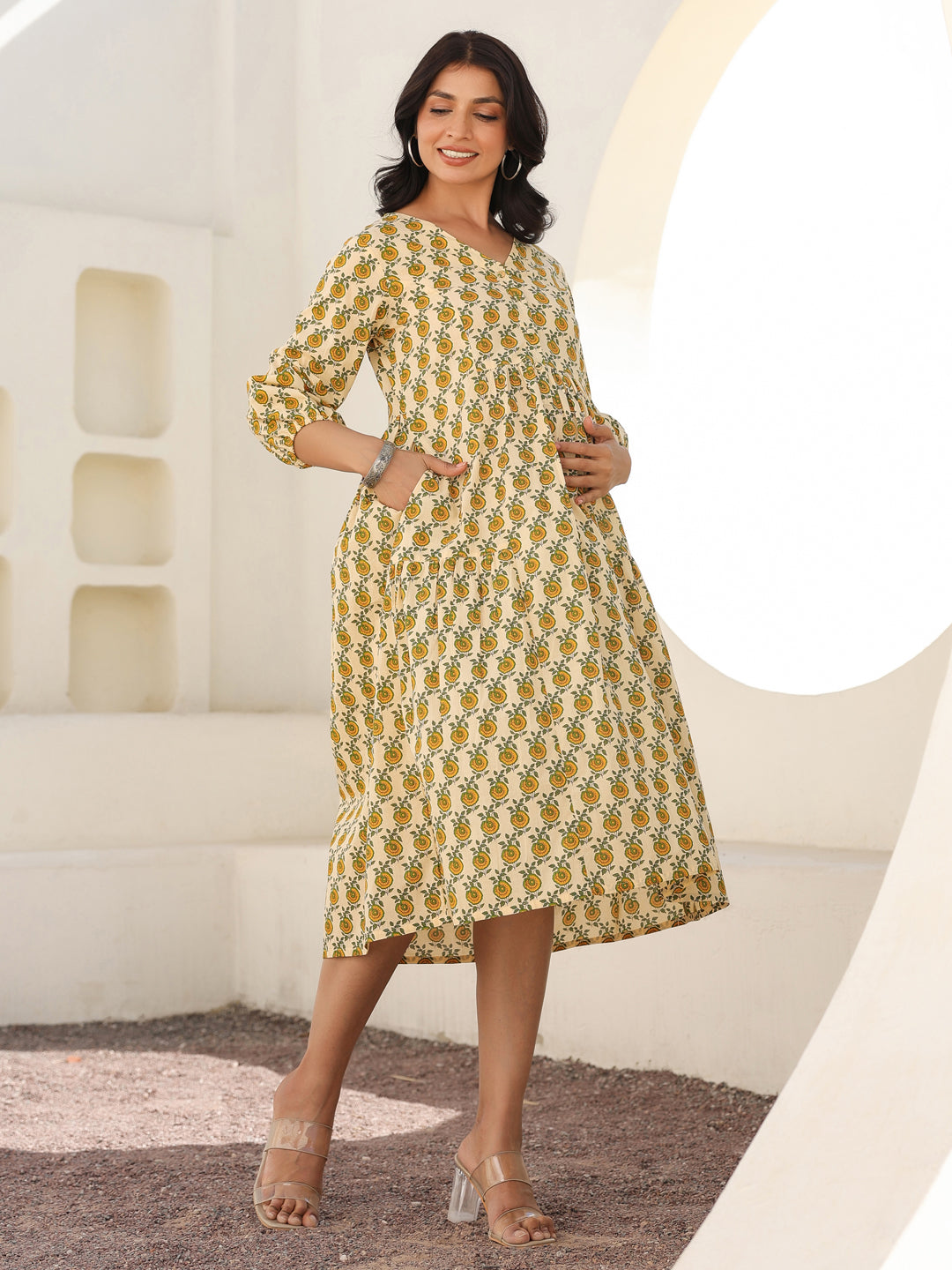 Janasya Light Cotton Floral A-Line Dress | Swadesiicart