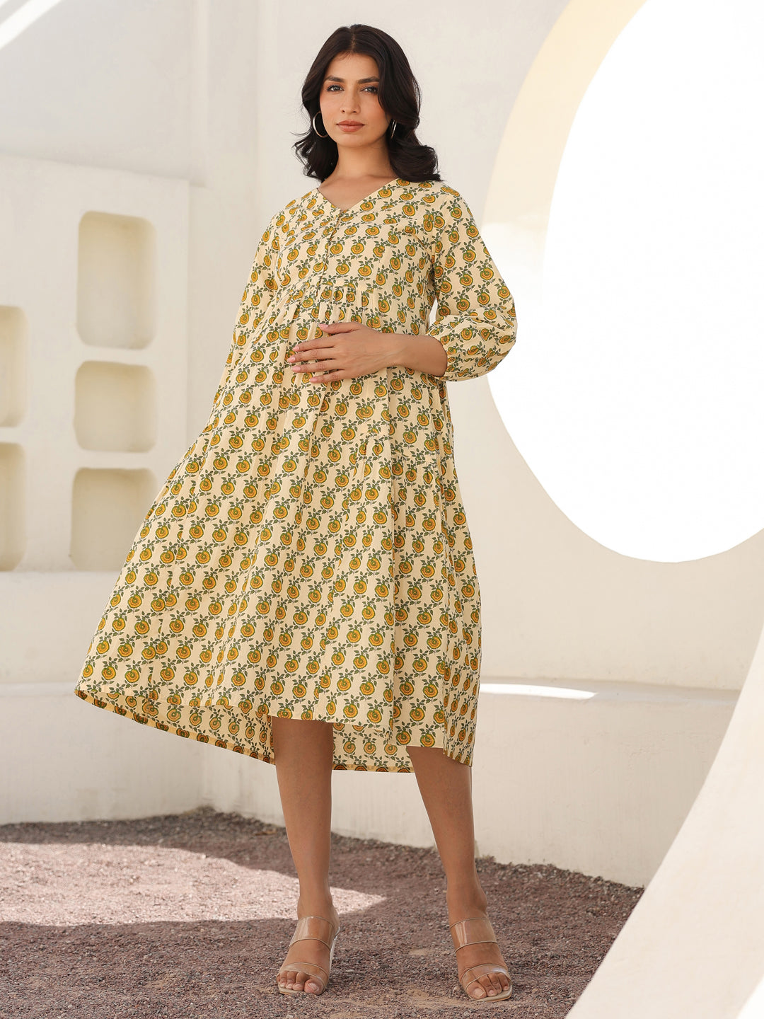 Janasya Light Cotton Floral A-Line Dress | Swadesiicart