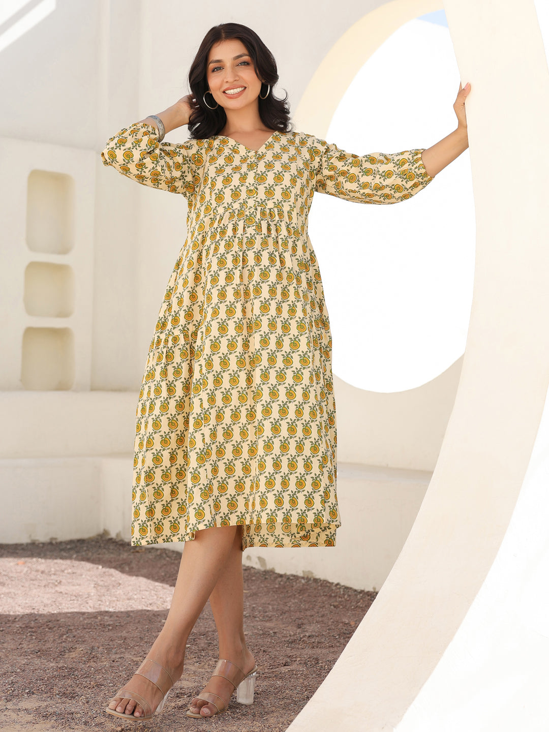 Janasya Light Cotton Floral A-Line Dress | Swadesiicart