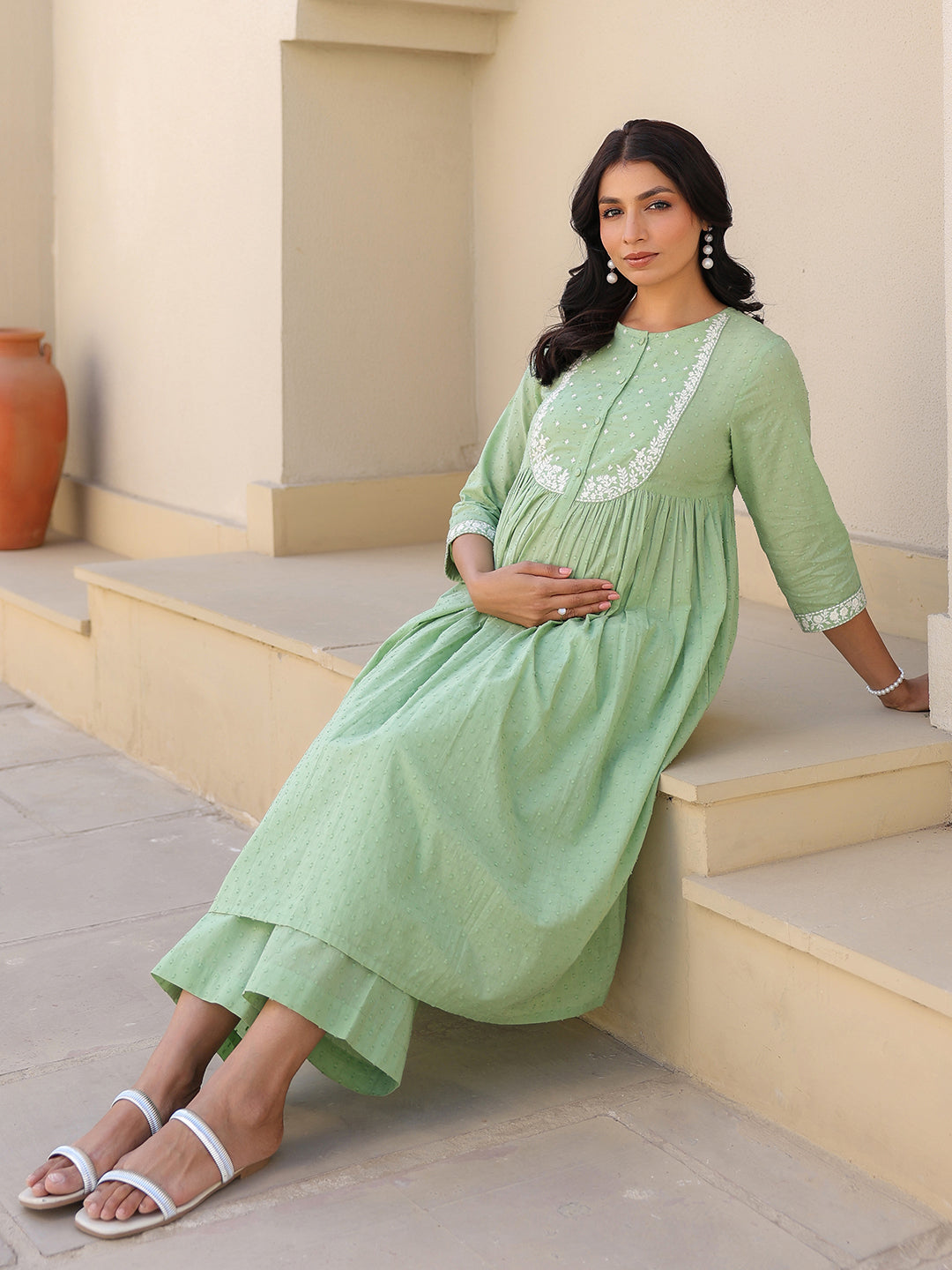Janasya Light Dobby Cotton Yoke Embroidery A-Line Kurta Set | Swadesiicart