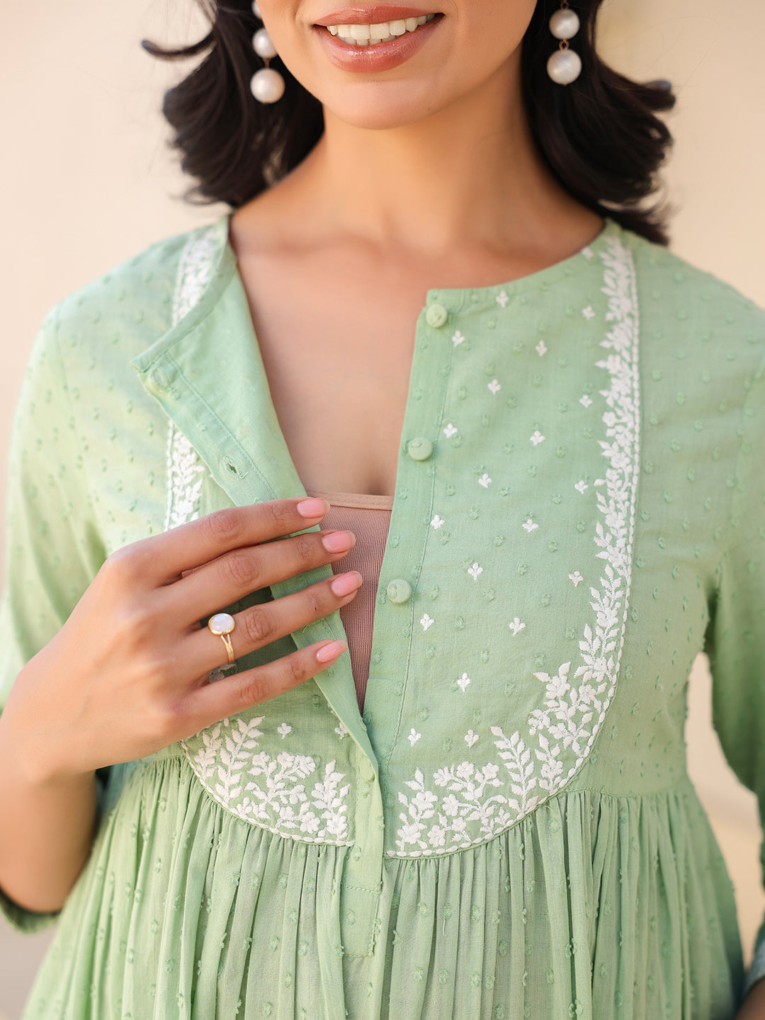 Janasya Light Dobby Cotton Yoke Embroidery A-Line Kurta Set | Swadesiicart