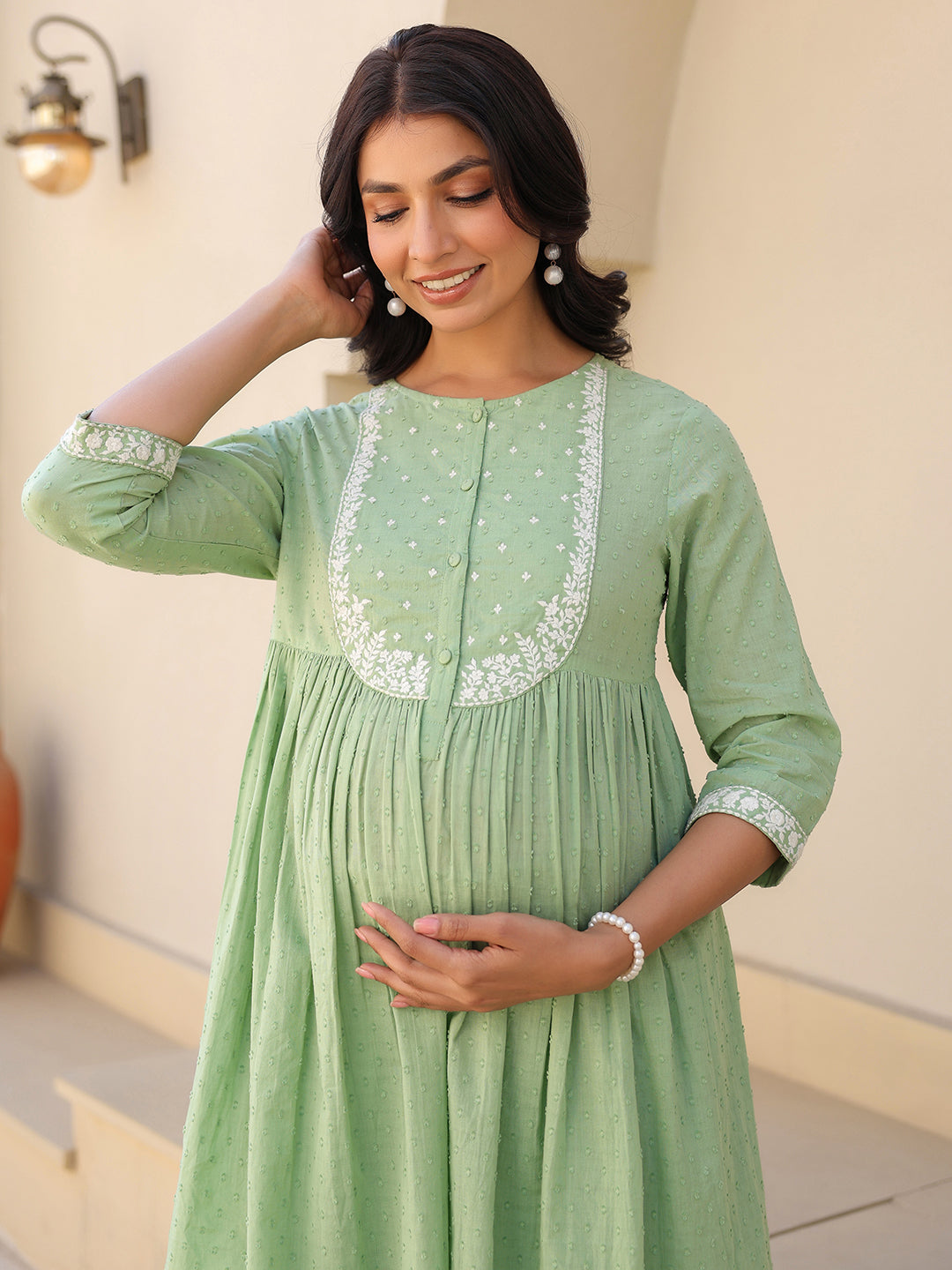 Janasya Light Dobby Cotton Yoke Embroidery A-Line Kurta Set | Swadesiicart