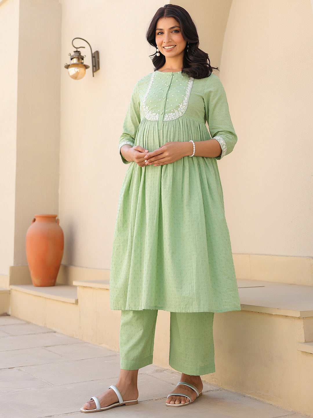 Janasya Light Dobby Cotton Yoke Embroidery A-Line Kurta Set | Swadesiicart