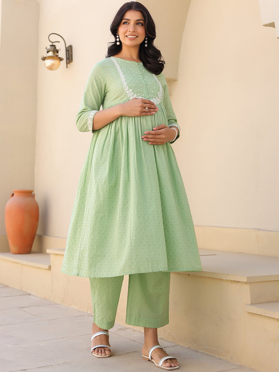 Janasya Light Dobby Cotton Yoke Embroidery A-Line Kurta Set | Swadesiicart