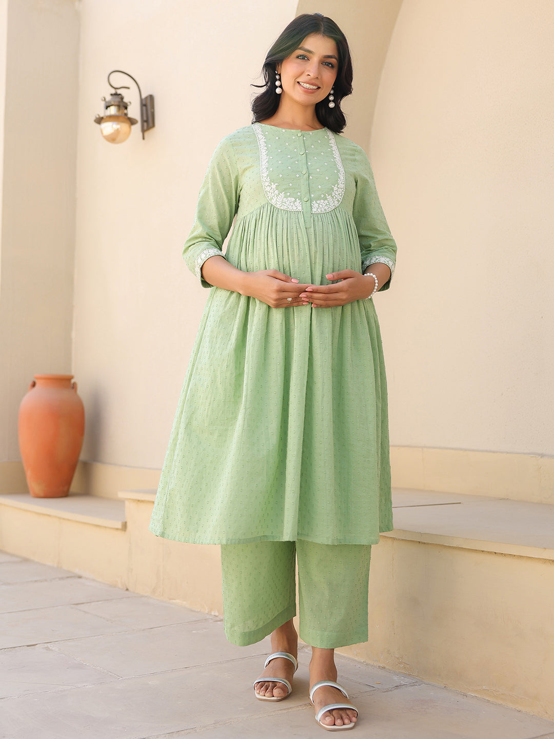 Janasya Light Dobby Cotton Yoke Embroidery A-Line Kurta Set | Swadesiicart