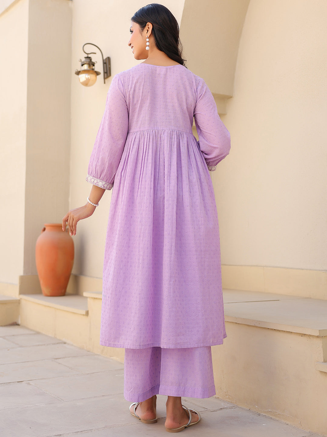 Janasya Bright Dobby Cotton Yoke Embroidery A-Line Kurta Set | Swadesiicart