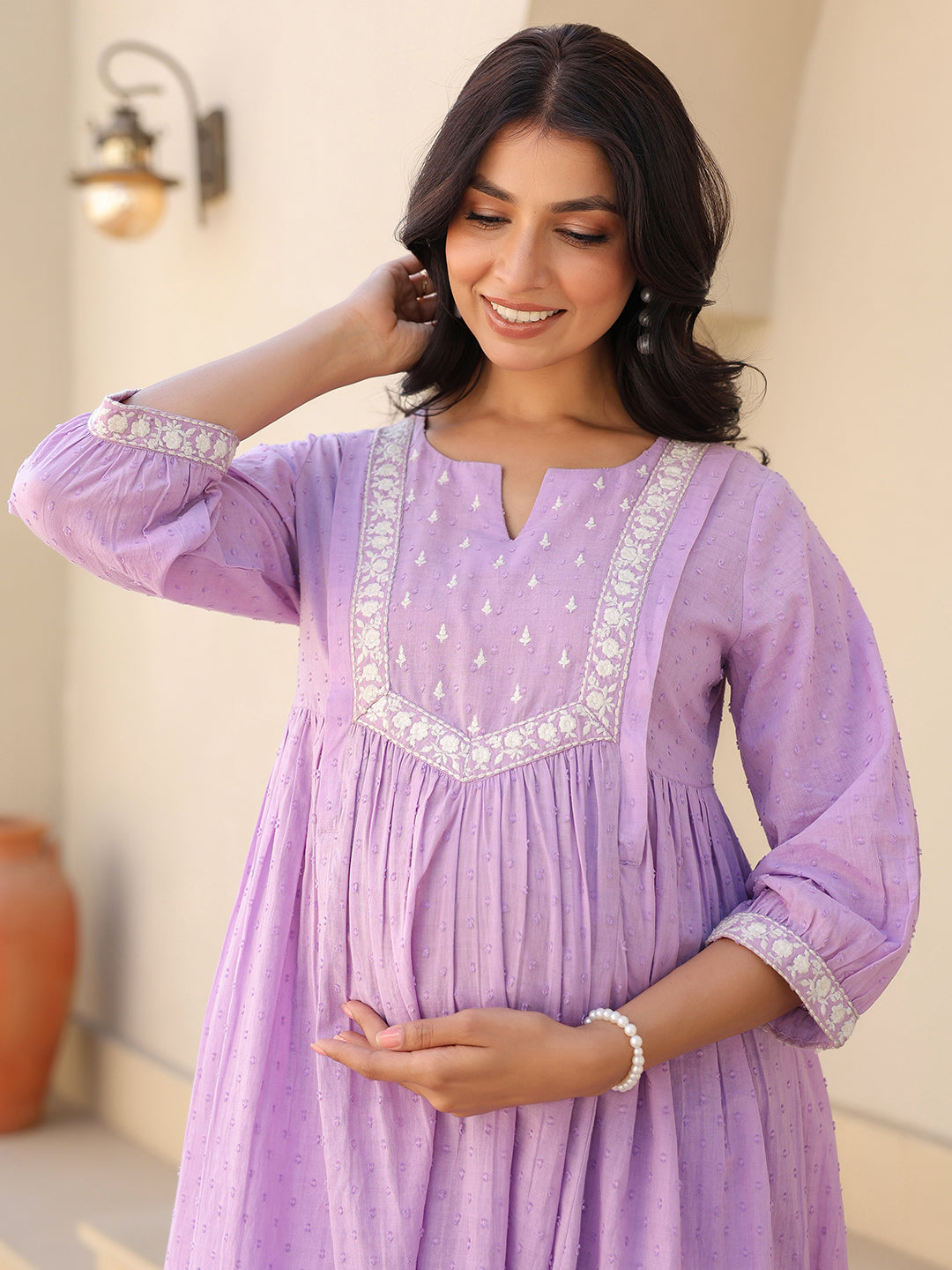 Janasya Bright Dobby Cotton Yoke Embroidery A-Line Kurta Set | Swadesiicart