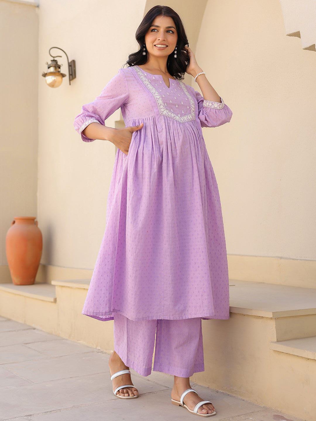 Janasya Bright Dobby Cotton Yoke Embroidery A-Line Kurta Set | Swadesiicart