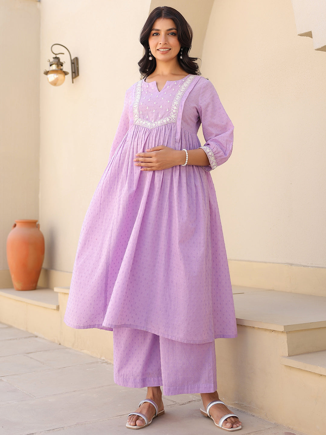 Janasya Bright Dobby Cotton Yoke Embroidery A-Line Kurta Set | Swadesiicart