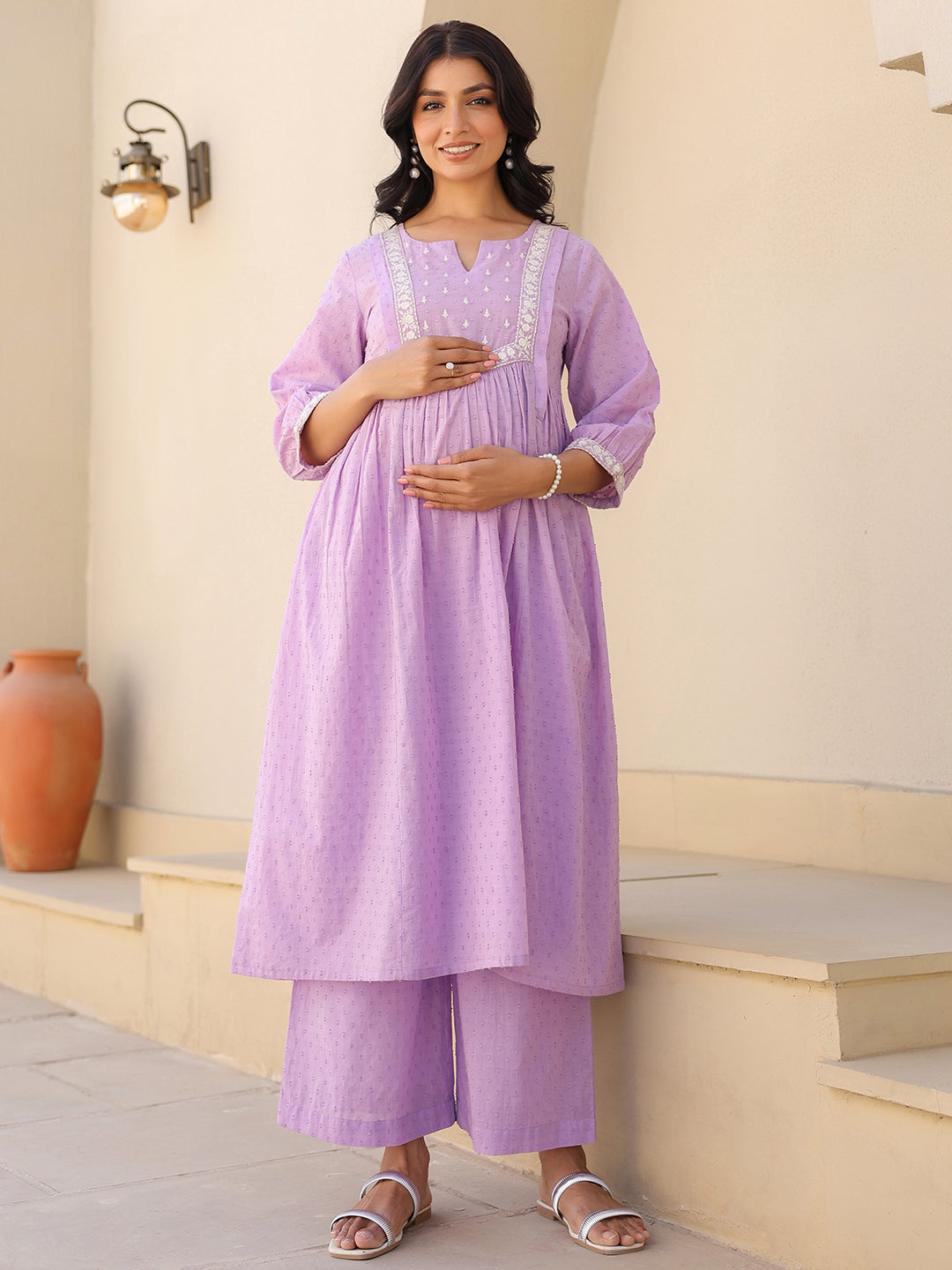 Janasya Bright Dobby Cotton Yoke Embroidery A-Line Kurta Set | Swadesiicart