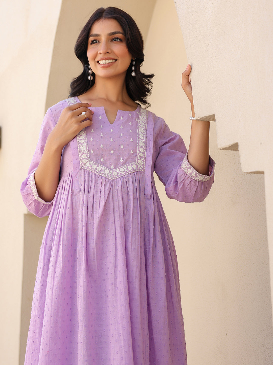 Janasya Bright Dobby Cotton Yoke Embroidery A-Line Kurta Set | Swadesiicart