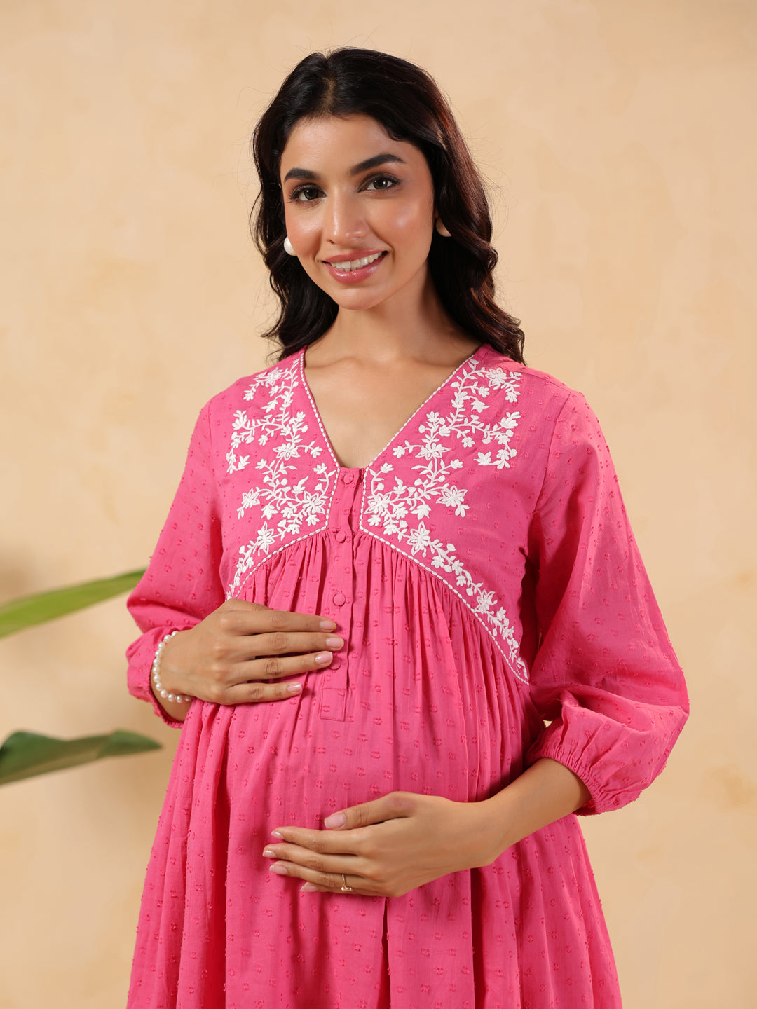 Janasya Light Dobby Cotton Yoke Embroidery A-Line Kurta Set | Swadesiicart