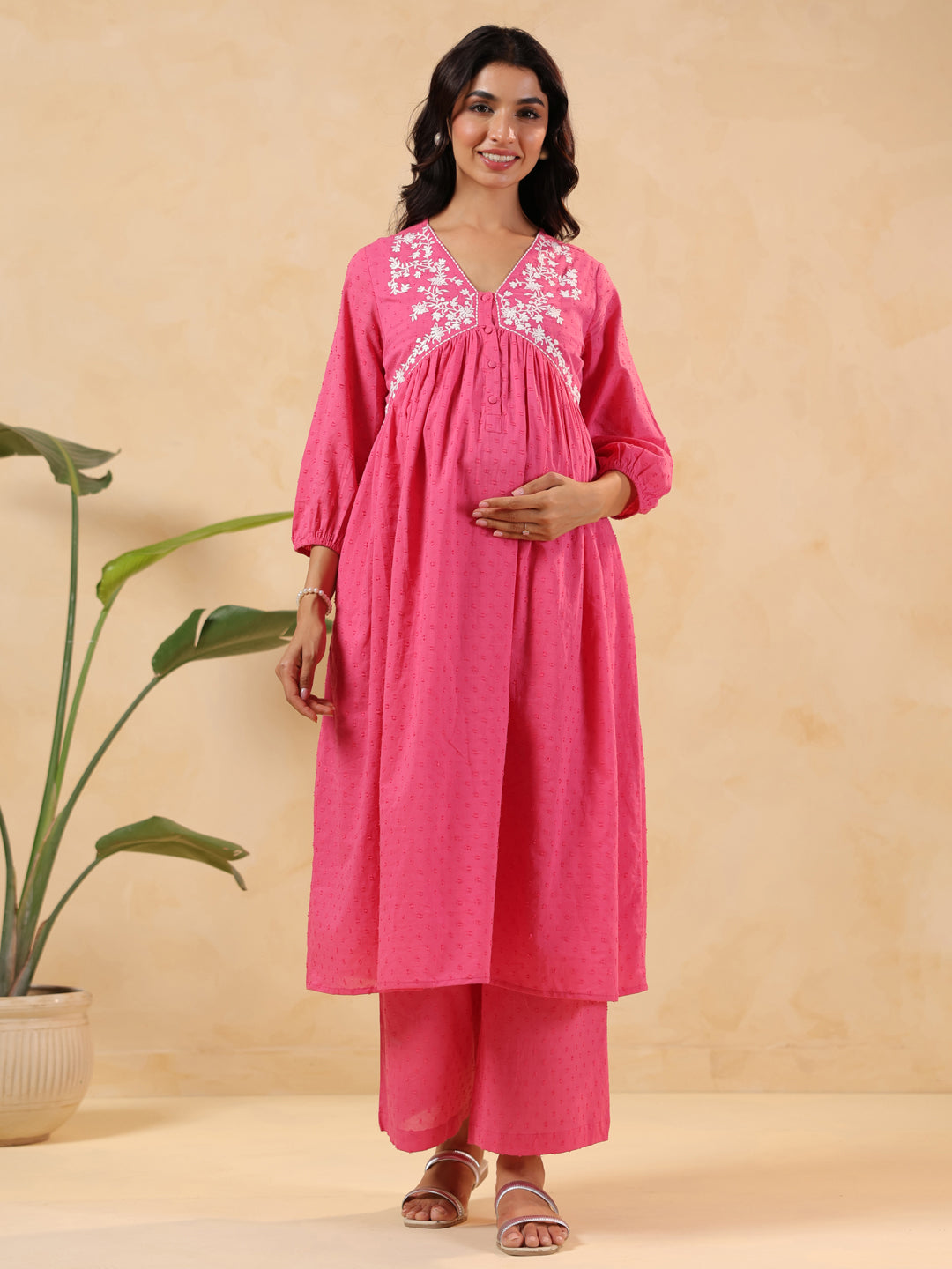 Janasya Light Dobby Cotton Yoke Embroidery A-Line Kurta Set | Swadesiicart