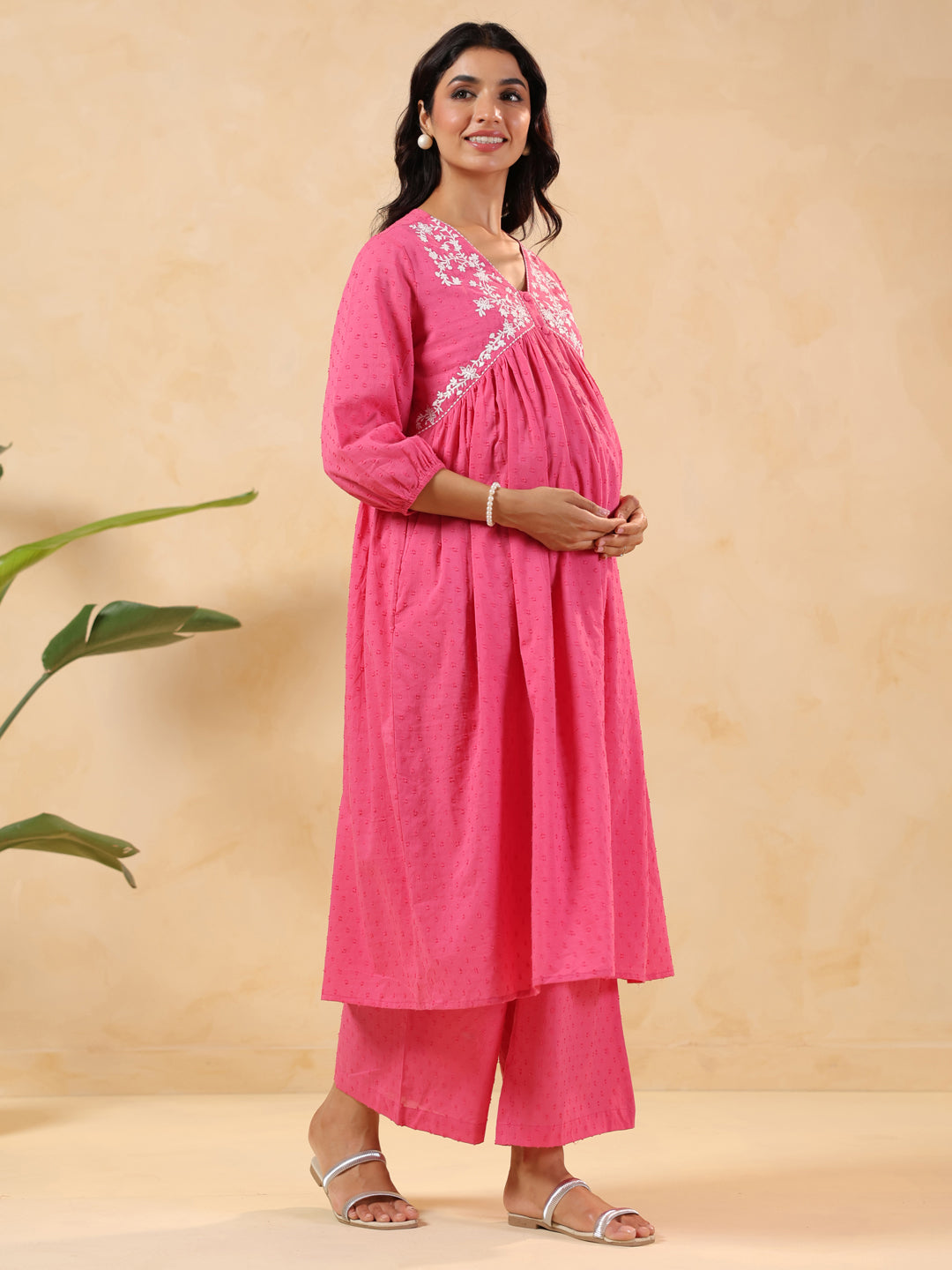 Janasya Light Dobby Cotton Yoke Embroidery A-Line Kurta Set | Swadesiicart