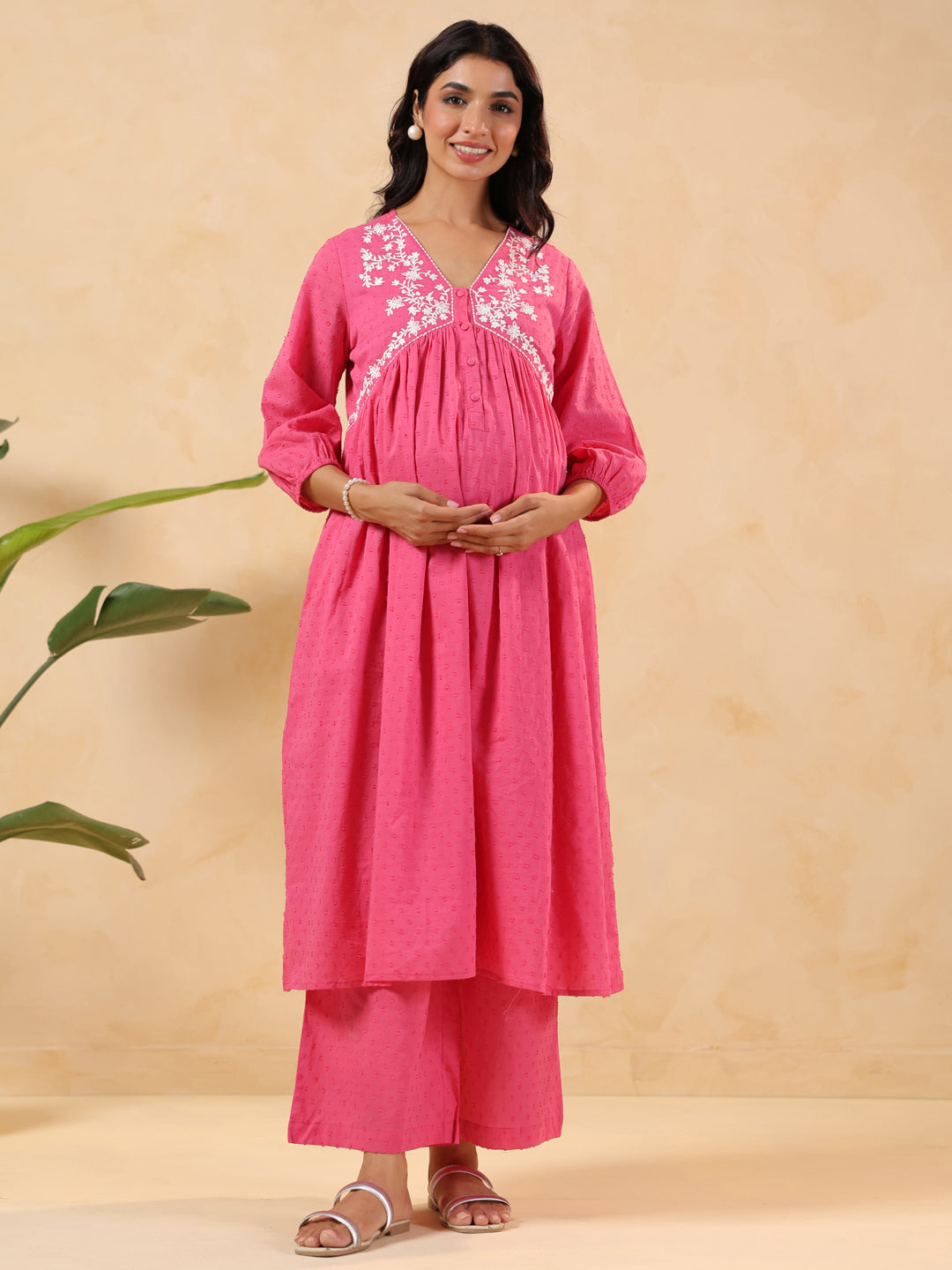 Janasya Light Dobby Cotton Yoke Embroidery A-Line Kurta Set | Swadesiicart