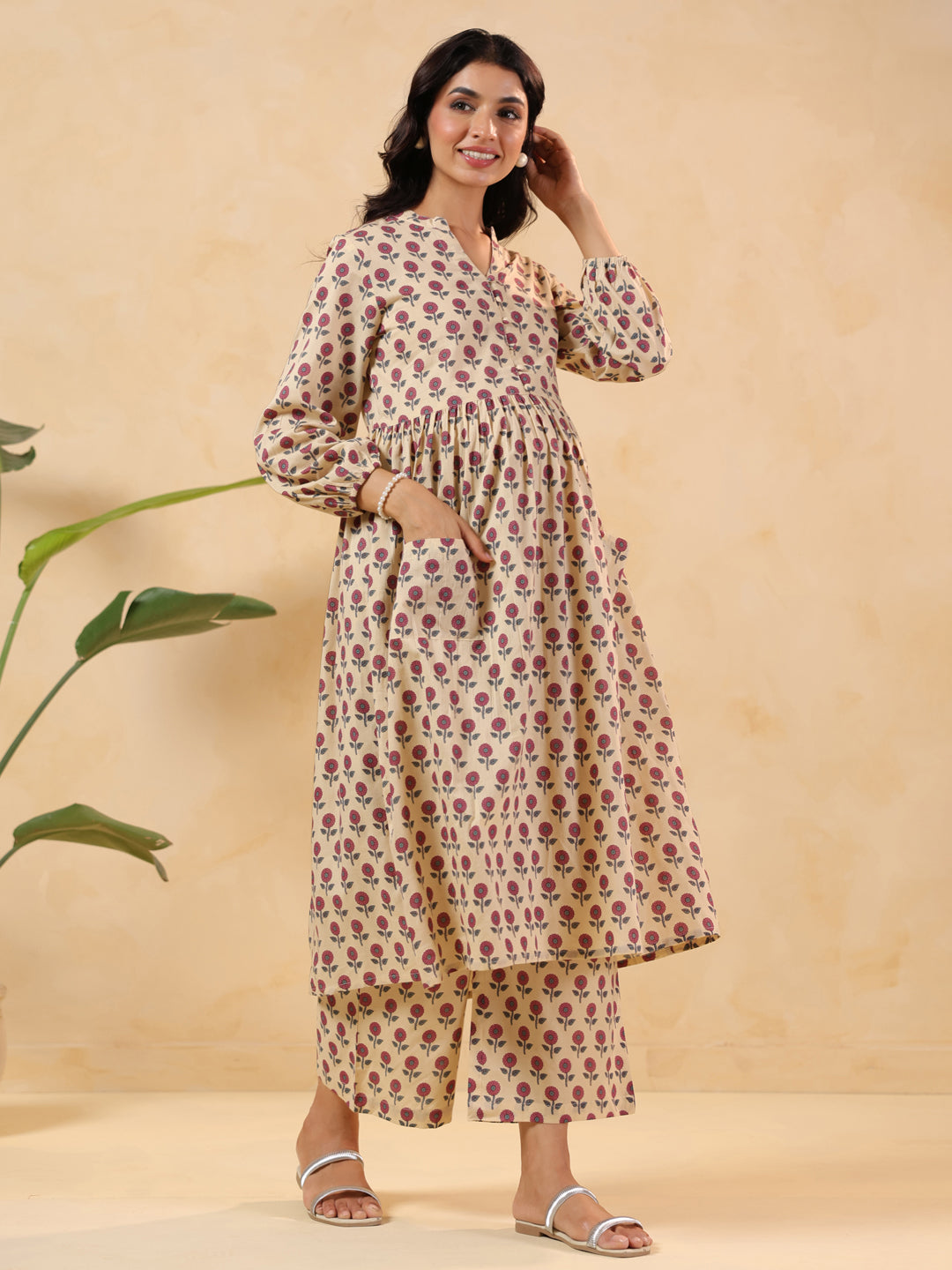Janasya Light Cotton Floral A-Line Kurta Set | Swadesiicart