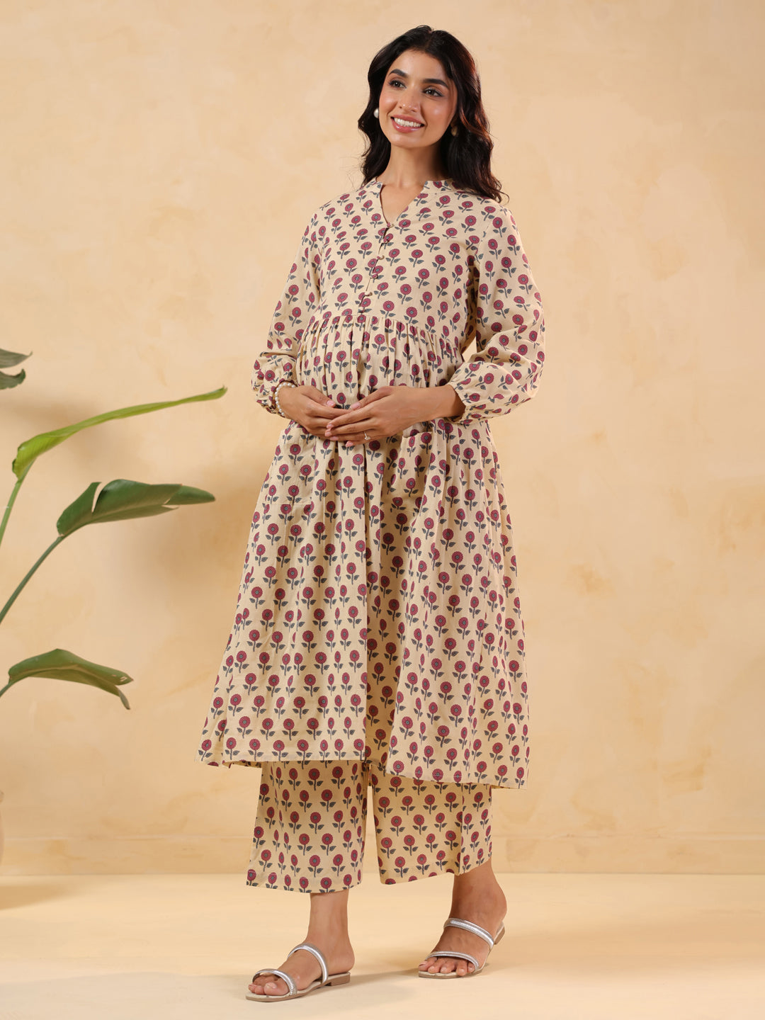 Janasya Light Cotton Floral A-Line Kurta Set | Swadesiicart