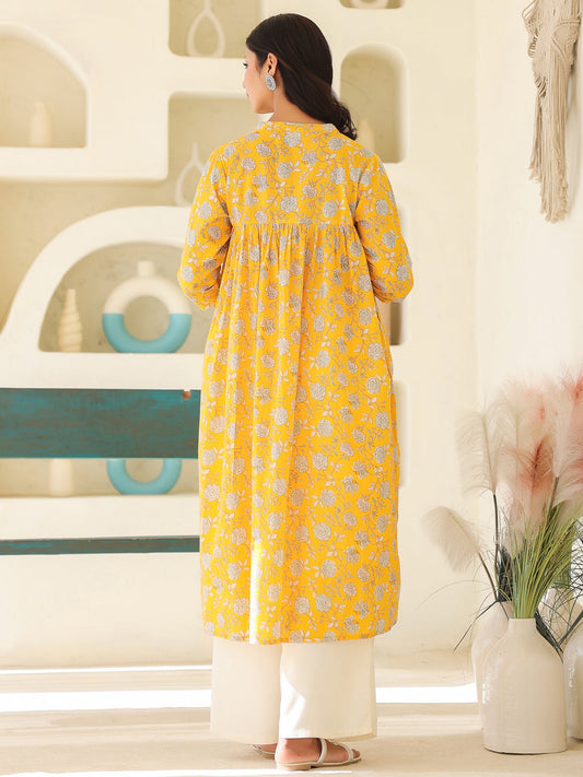 Janasya Bright Cotton Floral Gathered Kurta | Swadesiicart