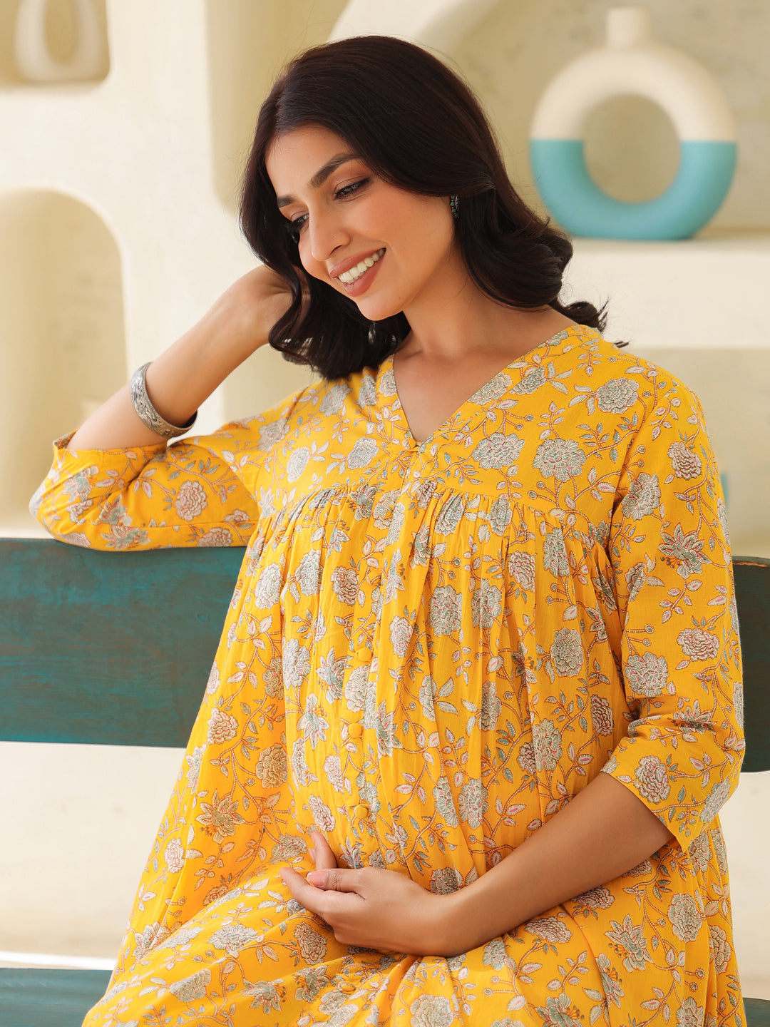 Janasya Bright Cotton Floral Gathered Kurta | Swadesiicart