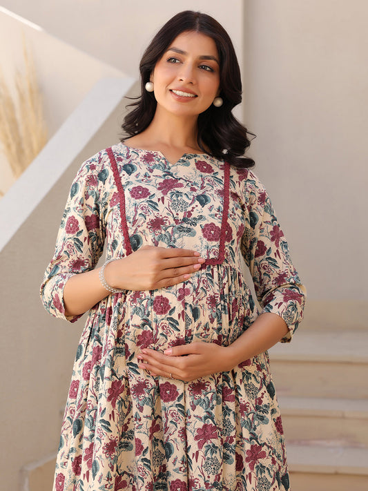 Janasya Dark Cotton Floral Gathered Kurta | Swadesiicart