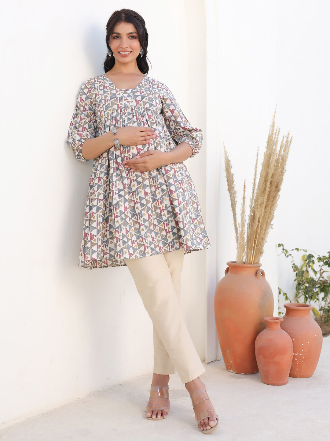 Janasya Light Cotton Geometric A-Line Tunic | Swadesiicart