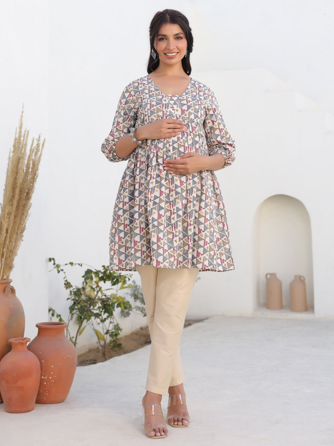 Janasya Light Cotton Geometric A-Line Tunic | Swadesiicart