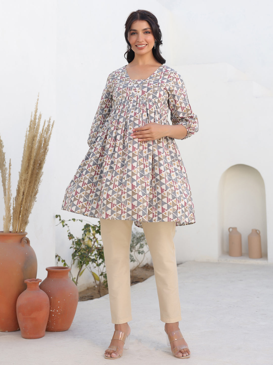 Janasya Light Cotton Geometric A-Line Tunic | Swadesiicart