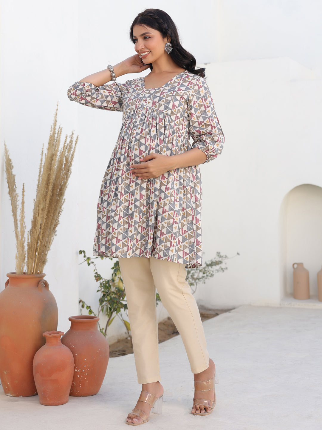 Janasya Light Cotton Geometric A-Line Tunic | Swadesiicart