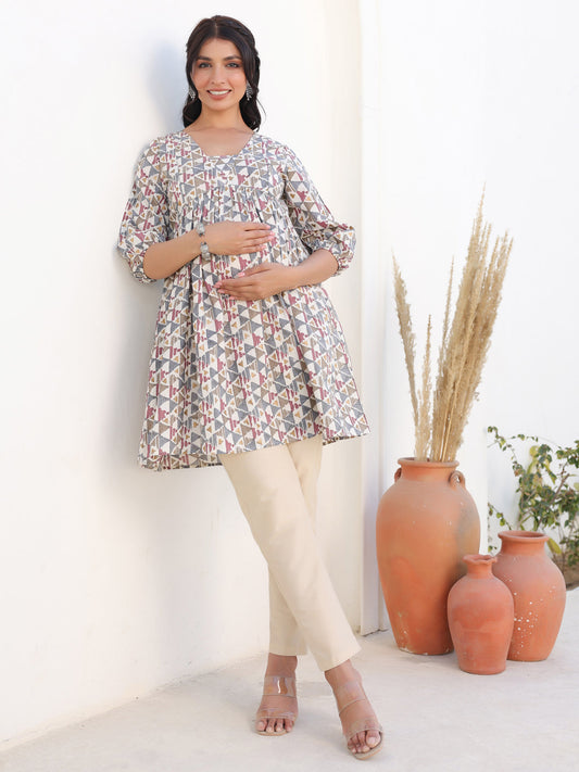 Janasya Light Cotton Geometric A-Line Tunic | Swadesiicart