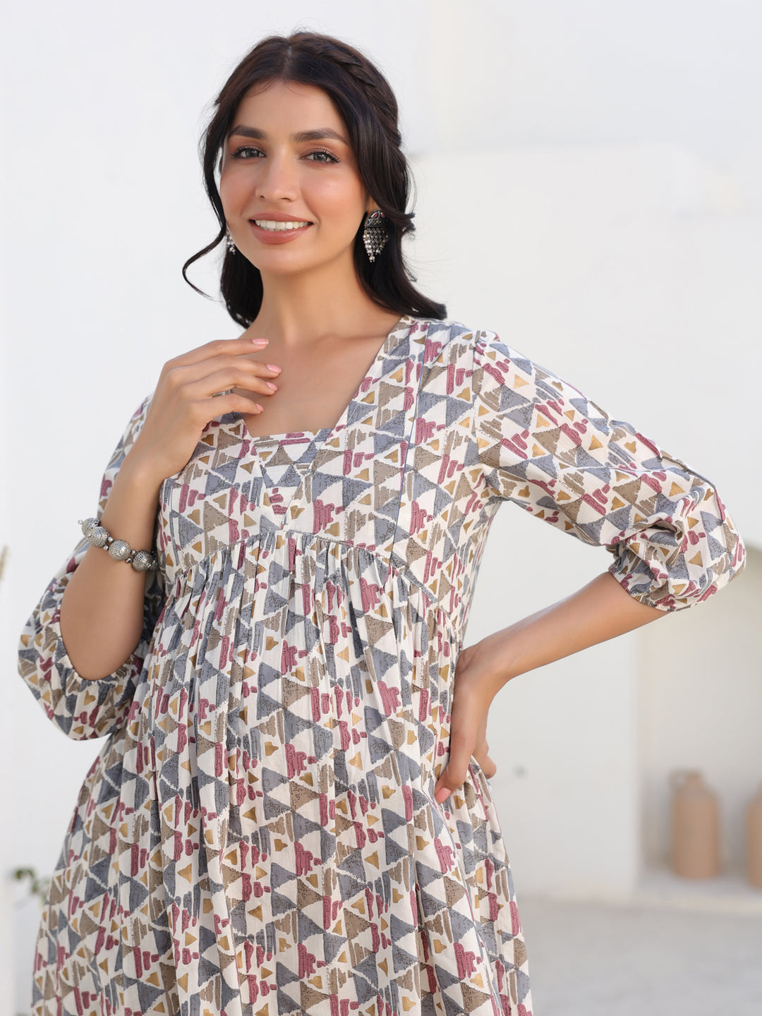 Janasya Light Cotton Geometric A-Line Tunic | Swadesiicart