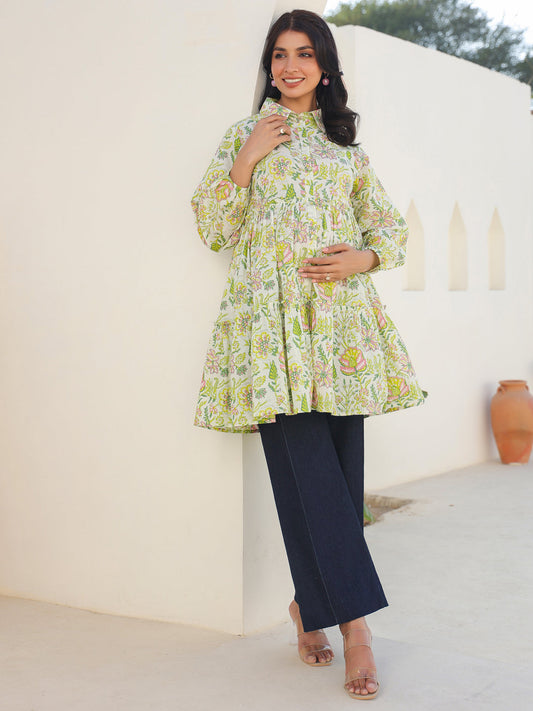 Janasya Bright Cotton Floral Tiered Tunic | Swadesiicart