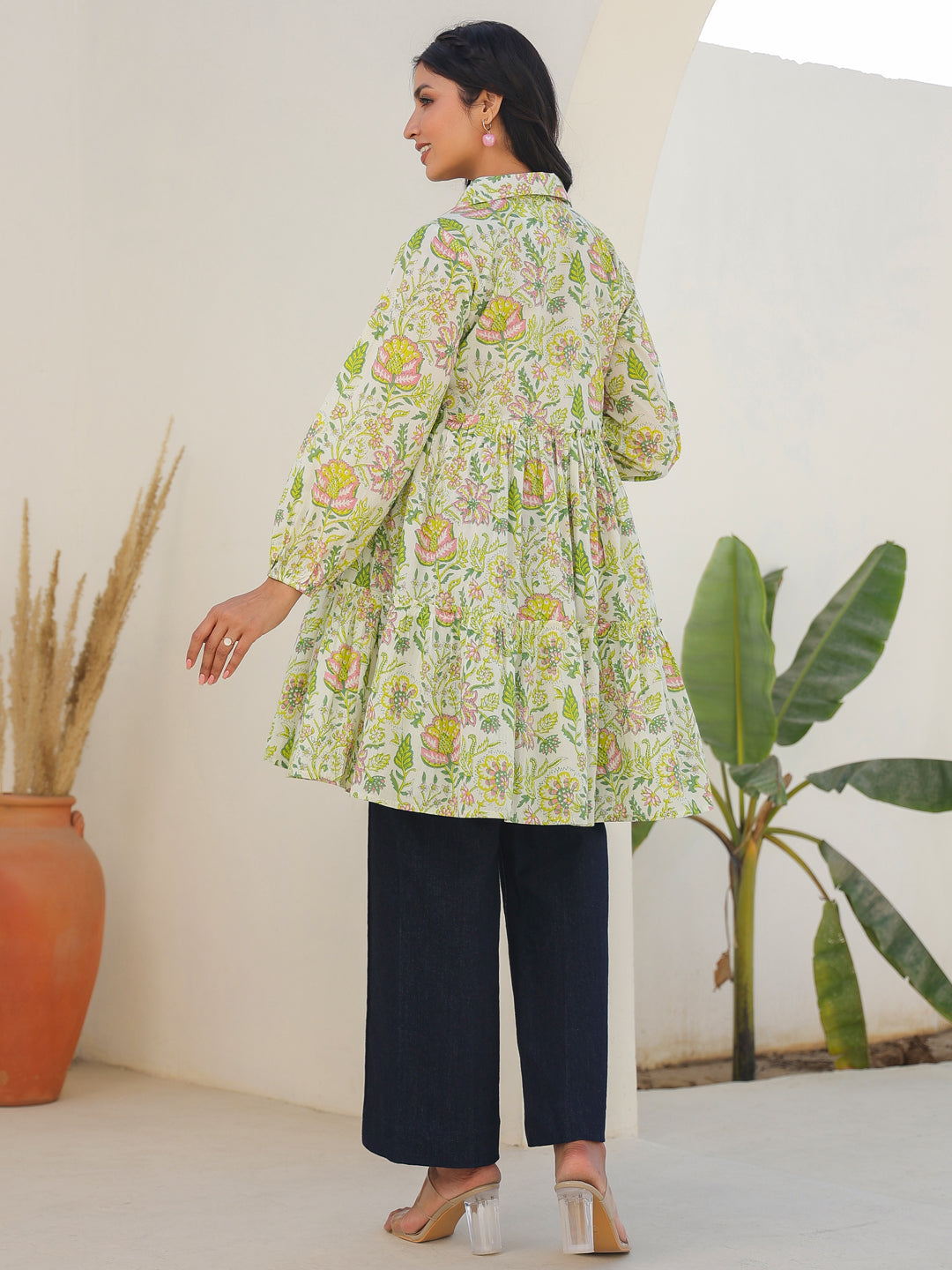 Janasya Bright Cotton Floral Tiered Tunic | Swadesiicart