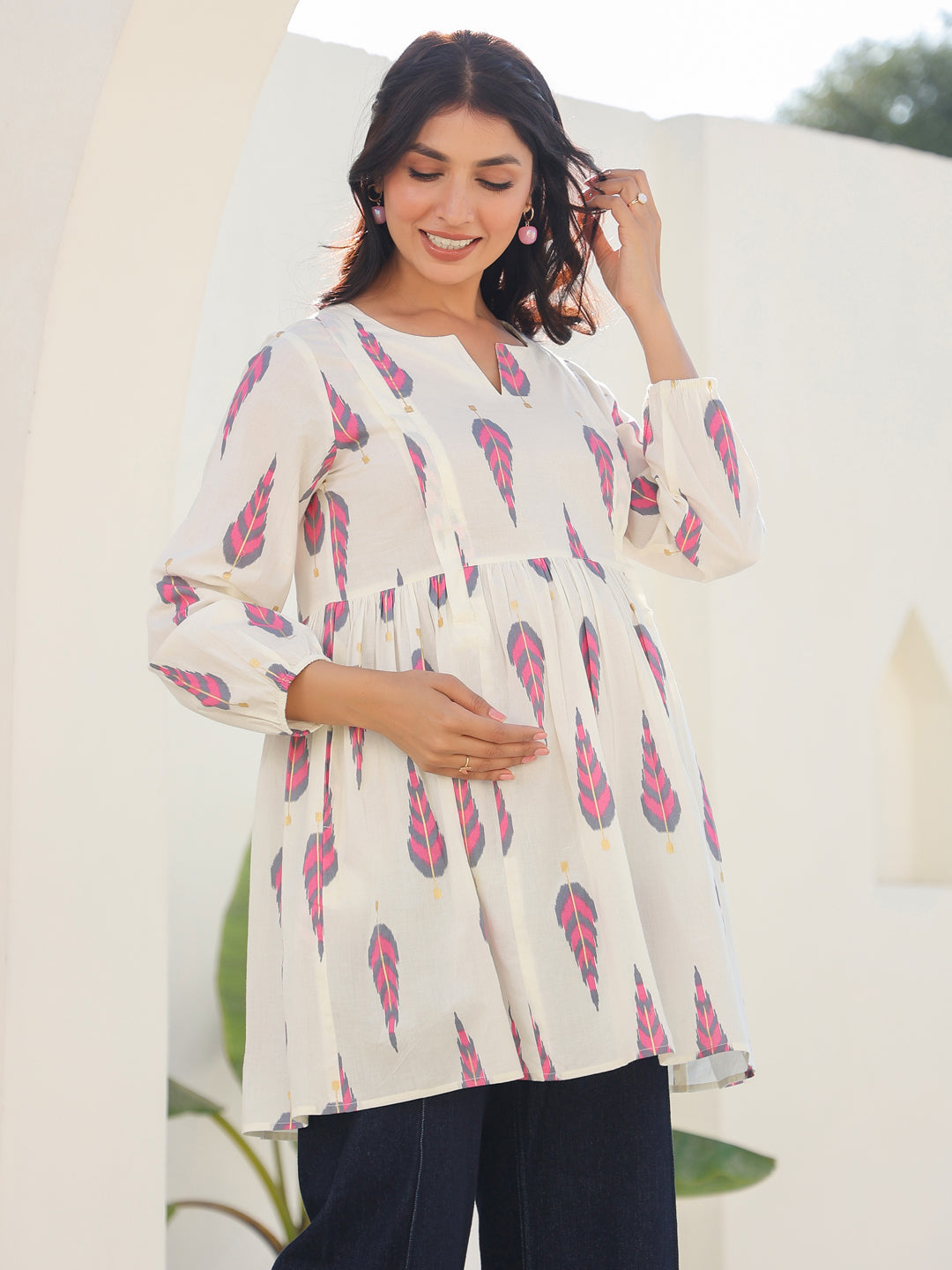 Janasya Light Cotton Ethnic Motifs A-Line Tunic | Swadesiicart