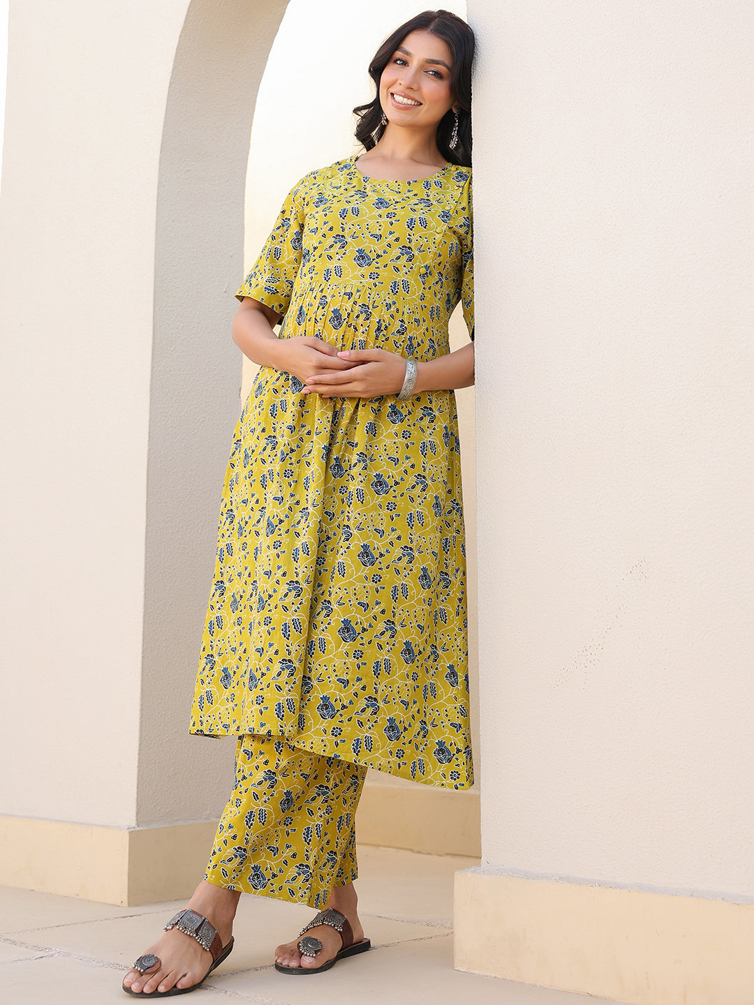 Janasya Bright Cotton Floral A-Line Top & Bottom Set | Swadesiicart