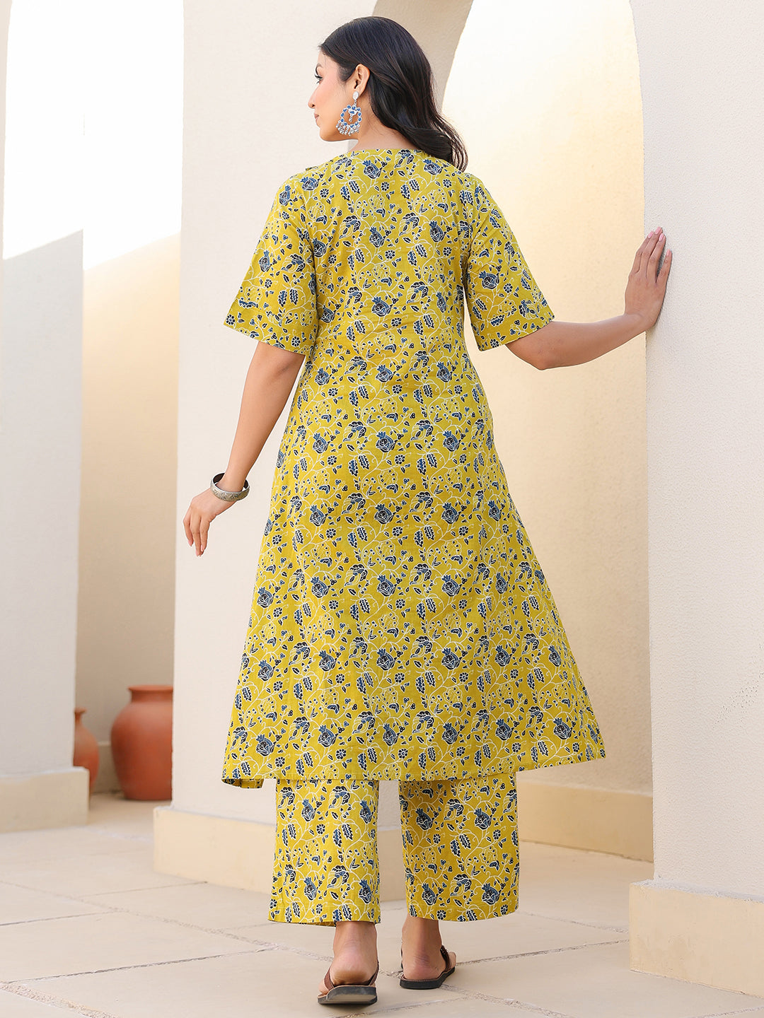 Janasya Bright Cotton Floral A-Line Top & Bottom Set | Swadesiicart