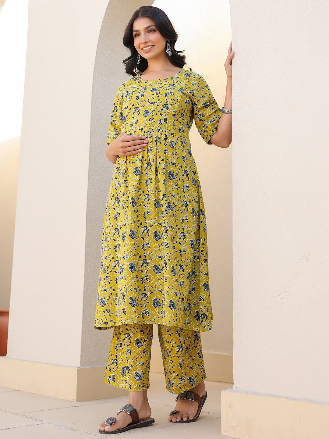 Janasya Bright Cotton Floral A-Line Top & Bottom Set | Swadesiicart
