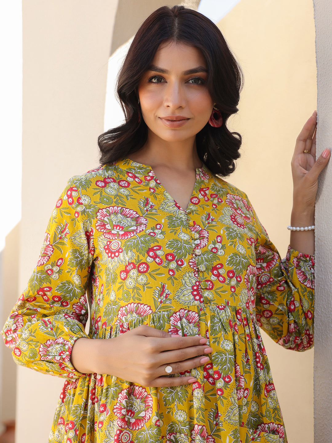 Janasya Bright Cotton Floral A-Line Kurta Set | Swadesiicart