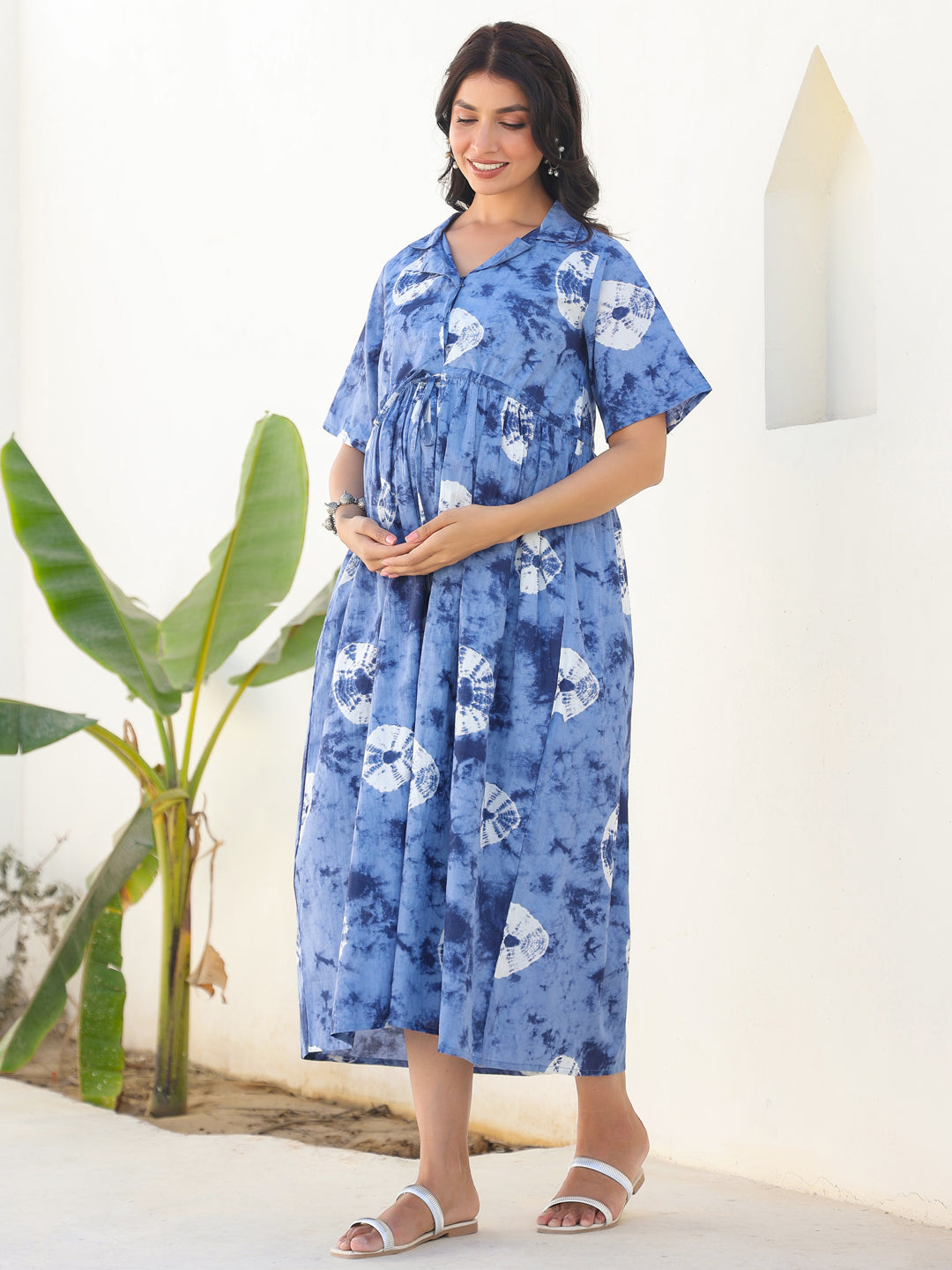 Janasya Dark Cotton Tie & dye Gathered Dress | Swadesiicart