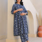 Janasya Dark Cotton Floral Gathered Top & Bottom Set | Swadesiicart